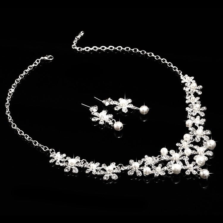 Bridal headdress, three sets of crystal flower necklace, diamond earrings, European and American Wind crown, wedding jewelry