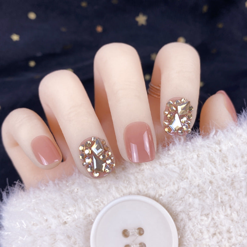 Champagne Gold Full Diamond Manicure Patches Wearing Fake Nails Finished
